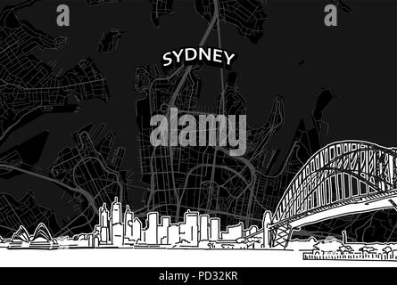 Vektor Zeichnung von Sydney Skyline mit Karte. Australien reisen Sehenswürdigkeit. Schwarze und weiße Abdeckung und Hintergrund Konzept. Stock Vektor