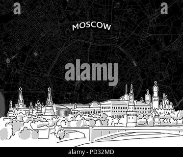 Vektor Zeichnung von Moskau Skyline mit Karte. Russland Reisen Sehenswürdigkeit. Schwarze und weiße Abdeckung und Hintergrund Konzept. Stock Vektor
