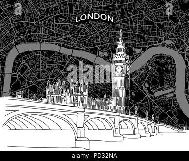 Vektor Zeichnung der Londoner Skyline mit Karte. Vereinigtes Königreich reisen Sehenswürdigkeit. Schwarze und weiße Abdeckung und Hintergrund Konzept. Stock Vektor