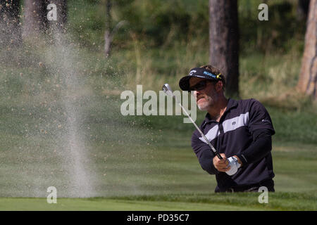 Reno, Nevada, USA. 5 Aug, 2018. Sonntag, 5. August 2018. STUART APPLEBY Chips auf dem 15 Grün während der 2018 Barracuda Meisterschaft am Montreux Golf & Country Club. Die Barracuda Championship Golf Turnier ist einer von nur 47 Anschläge auf der PGA Tour weltweit und hat fast 4 Millionen $ zur Nächstenliebe seit 1999 gespendet. 1997 eröffnet, der Par-72-Kurs, der von Jack Nicklaus entworfen wurde, spielt auf 7.472 Yards (6.832 m) und seine durchschnittliche Höhe ist 5.600 Fuß (1.710 m) über dem Meeresspiegel. den MontrÂux Golf und Country Club liegt auf halbem Weg zwischen Reno und Lake Tahoe. Das Turnier meist Stockfoto