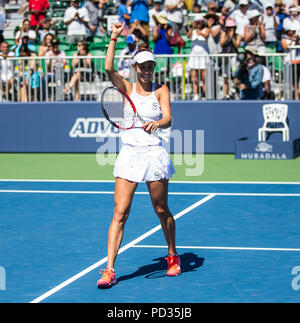 San Jose, CA USA. 05 Aug, 2018. Mihaela Buzarnescu feiert ihr nach dem Sieg über Maria Sakkari 6-1, 6-0 an der Mubadala Silicon Valley Klassiker an der San Jose State University, San Jose, Kalifornien gewinnen. Thurman James/CSM/Alamy leben Nachrichten Stockfoto