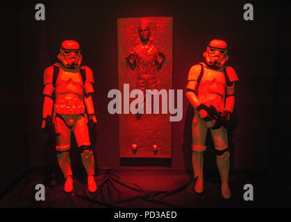 Kann das Spielzeug mit Euch. Star Wars Spielzeug und Filmen Ausstellung im Neuen Museum, Leicester entfernt. Stockfoto