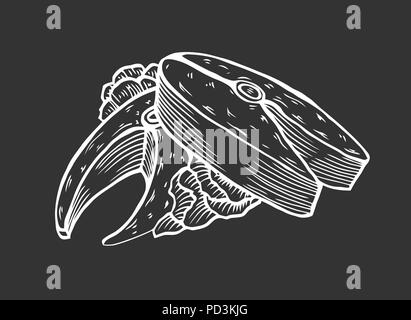 Teil der gebratenen Thunfisch mit grünen. Im Stil der alten Gravur, Vector Illustration auf schwarzem Hintergrund Stock Vektor