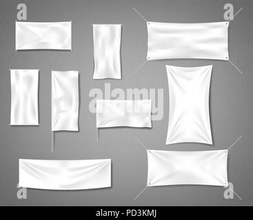 Weißes Gewebe blank Textile Banner für Werbung mit Falten. Baumwolle leer glatte Flagge Poster oder Plakat Vorlagen eingestellt. Vector Illustration Stock Vektor