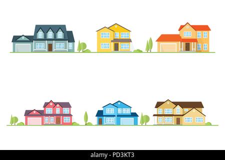 Nachbarschaft mit Wohnungen illustriert auf Weiß. Vektor flachbild Symbol suburban amerikanische Häuser. Für web design und Application Interface, auch für inf nützlich Stock Vektor