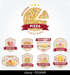 Satz von Fast food Logos, Banner oder Logos, Embleme. Elemente auf das Thema der Restaurant Business. Vector Illustration. Stock Vektor