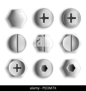 Schraubenköpfe isoliert auf Weiss. Satz von Metall, Schrauben und Bolzen. Vector Illustration Stock Vektor