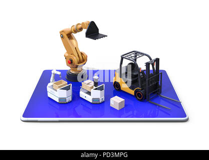 Elektro-gabelstapler, AGV und Industrieroboter auf Tablet PC. Weißer Hintergrund. Factory Automation Konzept. 3D-Bild. Stockfoto