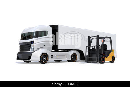 Elektrische halb Lkw und Gabelstapler auf weißem Hintergrund. 3D-Bild. Stockfoto