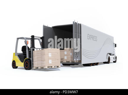 Elektrische halb Lkw und Gabelstapler auf weißem Hintergrund. 3D-Bild. Stockfoto
