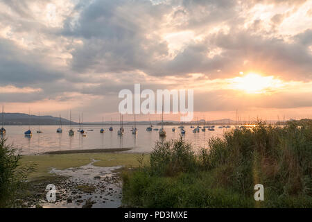 Segeln Boote am Untersee, Sonnenuntergang, Allensbach, Bodensee, Baden-Württemberg, Deutschland Stockfoto