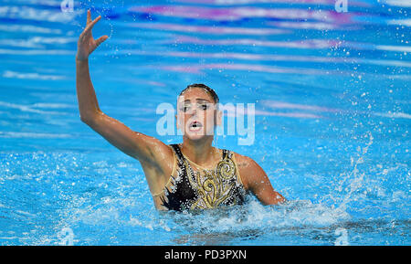 Italien Linda Cerruti im Synchronschwimmen - Solo Technische Routine Final bei Tag fünf der 2018 europäischen Meisterschaften am Scotstoun Sport Campus, Glasgow. PRESS ASSOCIATION Foto. Bild Datum: Montag, 6. August 2018. Siehe PA Geschichte SYNCHRO SCHWIMMEN Europäischen. Foto: Ian Rutherford/PA-Kabel. Beschränkungen: Nur die redaktionelle Nutzung, keine kommerzielle Nutzung ohne vorherige schriftliche Genehmigung Stockfoto