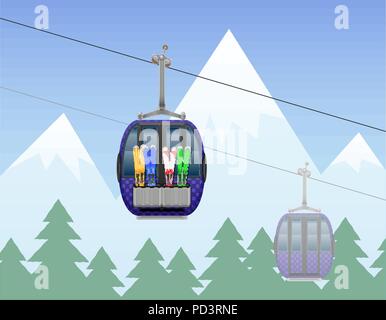 Berglandschaft mit Hütte ski Seilbahn Vector Illustration auf weißem Hintergrund Stock Vektor