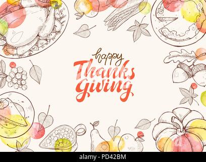 Happy Thanksgiving Day Grußkartenvorlage. Danksagung Poster mit gebratener Truthahn, Pumpkin Pie und aconrs Skizzen. Horizontale Komposition mit t Stock Vektor