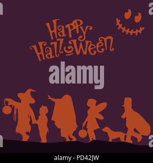 Menge Leute Happy Halloween. Vector Illustration mit Text. Purple Background und orange Menge. Stock Vektor