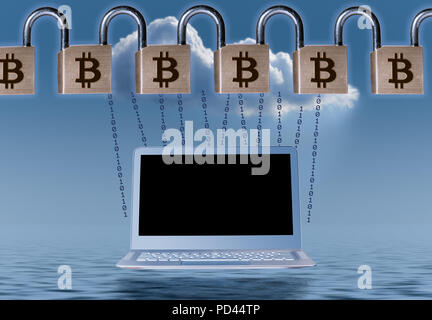 Kette der Messing-vorhängeschlösser blockchain über Laptop zu veranschaulichen Stockfoto