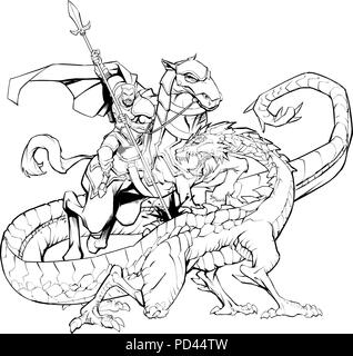 Saint George Slaying Dragon Line Art Stock Vektor