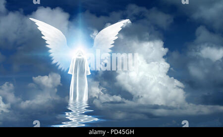 Abbildung in Weiß Mantel steht auf der Wasseroberfläche. Winged star in bewölkten Himmel. 3D-Rendering Stockfoto