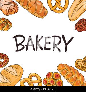 Dekor für einen Shop oder Café mit Gebäck, Brot, backen. Bäckerei, Brot, Haus, handschriftliche Illustration mit Schriftzug. Schild, Vektor Stock Vektor