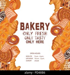 Dekor für einen Shop oder Café mit Gebäck, Brot, backen. Bäckerei, Brot, Haus, handschriftliche Illustration mit Schriftzug. Schild, Vektor Stock Vektor