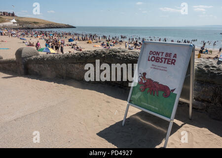 Schild an einem Strand in Barry Island, South Wales, Menschen ermutigen, Sun Lotion zu tragen Stockfoto