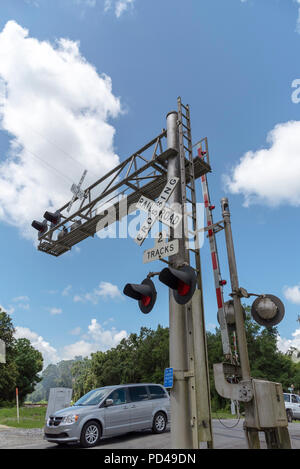 Summerfield, Florida, USA, 2018. Eisenbahn Signale und Anschluss durch North Florida Landschaft. Auto Überqueren der Kreuzung. Stockfoto