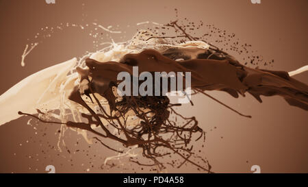 Milch und Schokolade splash in Zeitlupe. 3D-Abbildung: weiße und braune Flüssigkeit creme Tropfen Splash isoliert auf Braun. 4K-Hell und Dunkel Stockfoto