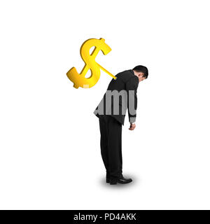 Geschäftsmann mit Geld symbol Winder auf seinem Rücken, in weißem Hintergrund Stockfoto