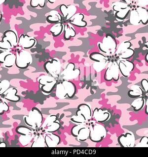 Die weiße Hand gezeichnete Blumen auf Pink Camo Hintergrund Vektor nahtlose Muster. Cute Camouflage und Floral Background. Super für Frauen Kleidung und Mode Stock Vektor