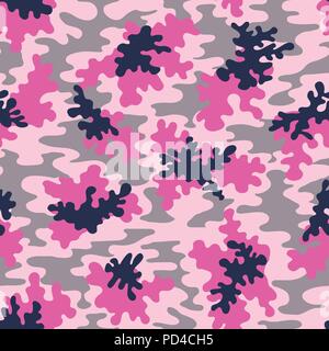 Pink Camo Vektor nahtlose Muster. Niedliche Rosa, Grau und Dunkelblau Camouflage Hintergrund. Super für Frauen Kleidung und Mode Textilien Stock Vektor