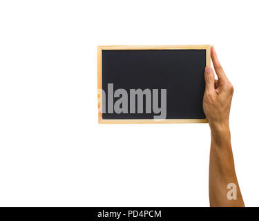 Nahaufnahme einer Hand, die eine kleine Schiefertafel auf weißem Hintergrund. Beschneidungspfad von Hand Objekt gegen den weißen Hintergrund. Stockfoto