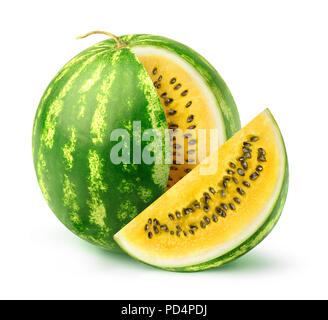 Isolierte Wassermelone. Eine Wassermelone gelbe Sorte mit ein ausgeschnittenes Stück auf weißem Hintergrund mit Freistellungspfad isoliert Stockfoto