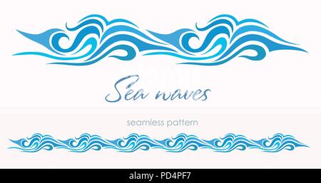 Marine nahtlose Muster mit stilisierten Wellen auf einem hellen Hintergrund. Blue Water Sea Wave abstract vector Hintergrund. Stock Vektor