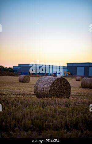 Heu Stroh auf Ackerland mit Industrial Site im Hintergrund entwickelt. Stockfoto