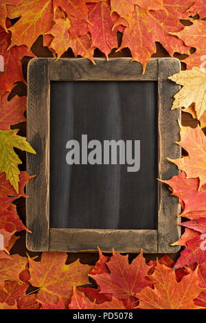 Herbst Hintergrund mit einem schwarzen Brett und Laub Stockfoto