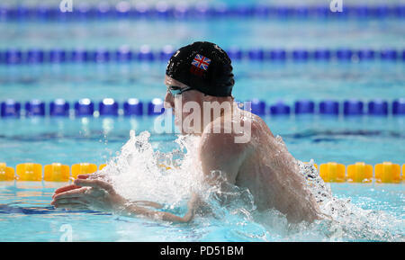 Großbritanniens Max Litchfield in der Männer 200 m Individuelle Medley Final bei Tag fünf der 2018 europäischen Meisterschaften an der Tollcross International Swimming Centre, Glasgow Stockfoto