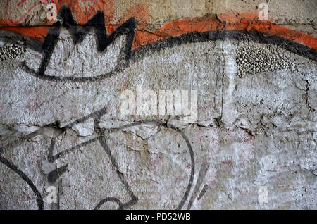 Detailliertes Bild der sehr alten und gealterte Farbe graffiti Zeichnung an der Wand. Hintergrund grunge street art Bild Stockfoto