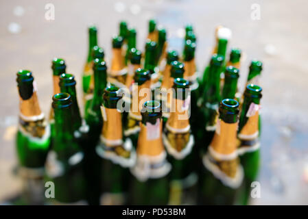 Viele leere Flaschen Sekt auf einem verschwommenen Hintergrund. Stockfoto