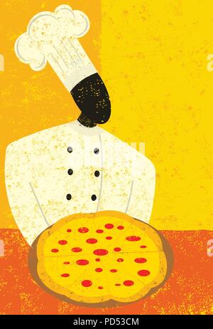 Pizza Chef. Ein Koch Holding eine Pizza. Stock Vektor