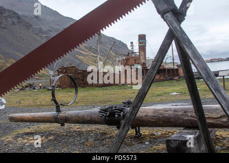 Knochen sah und Ruinen von alten Walfangstation Grytviken im Süden an Georgien Inseln Stockfoto