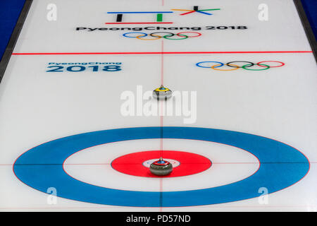 Eisstockbahn bei den Olympischen Winterspielen PyeongChang 2018 Stockfoto