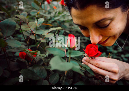 Frau riechen die Blumen. Schwere Begrenzungslicht Stockfoto