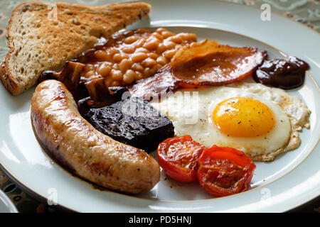 Ein hausgemachtes englisches Frühstück mit Ei, Speck, Cumberland Würstchen, Blutwurst, gebackene Bohnen, Tomaten, Pilze, Toast und eine Tasse Kaffee. Stockfoto