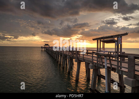 Rosa und Lila Sonnenuntergang am Naples Pier am Golf von Neapel, Florida im Sommer. Stockfoto