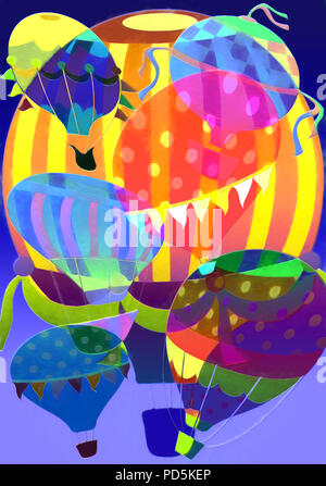 Verschiedenen Formen und Farben der Heißluftballons steigen in den Himmel in dieser farbigen, strukturierten Digitale Aquarelle von einer der am meisten Spaß und visuell St Stockfoto