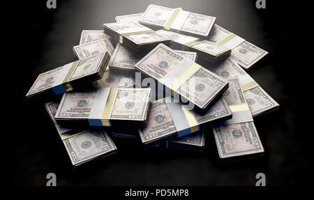 Ein Haufen von zufällig verstreut Bündel von US Dollar Banknoten auf einem isolierten Hintergrund - 3D-Rendering Stockfoto