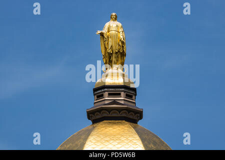 Notre Dame - ca. August 2018: die Statue der Jungfrau Maria auf der Spitze des goldenen Kuppel von der Universität von Notre Dame Hauptverwaltung Gebäude I Stockfoto