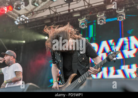 Kiew, Ukraine - Juli 05, 2018: Die französische extreme Metal Rock Band Betontod live im Atlas Wochenende Festival in nationalen Expocentre. Stockfoto