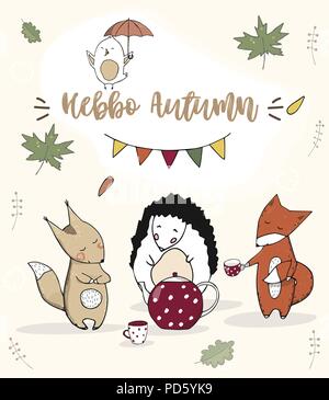 Red fox Sparrow Hedgehog Charakter clip art vector Wald Tier herbst Karte voll Ribbon cute Wildlife text Katze Hund Karte Feier Geburtstag Farbe Textur weiß Hintergrund Stock Vektor