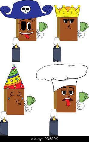 Bücher Chef mit Koffer oder Tasche Holding oder Geldscheinen. Comic Book Collection mit Kostüm Gesichter. Ausdrücke Vektor einrichten. Stock Vektor